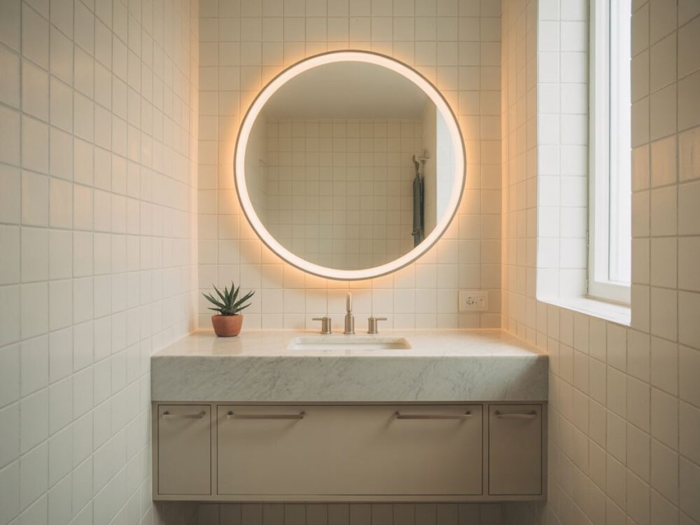 minimalistyczna łazienka z dużym lustrem