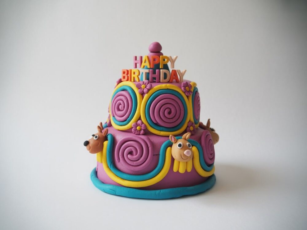 plastelinowe owoce na torcie