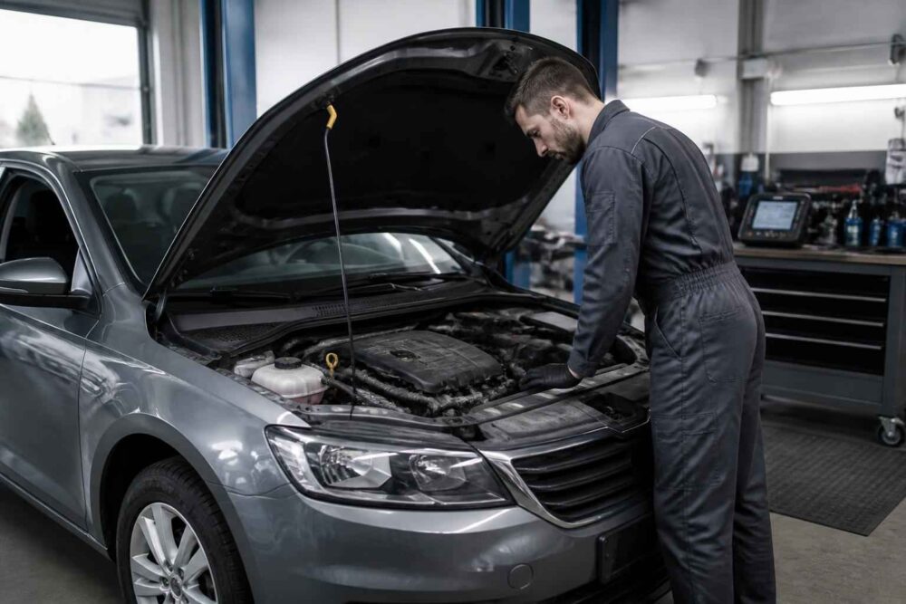Mechanik w warsztacie sprawdza silnik szarego samochodu z otwartą maską